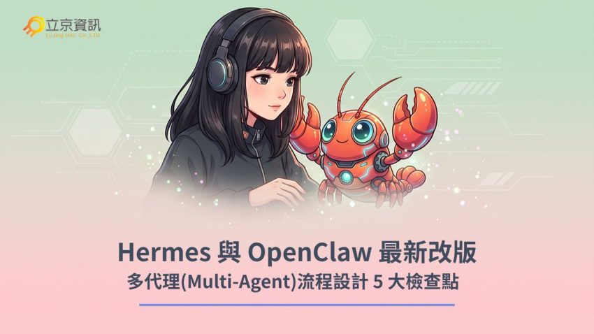 Hermes Agent 與 Q版 OpenClaw 機械龍蝦的 AI 多代理流程設計主視覺