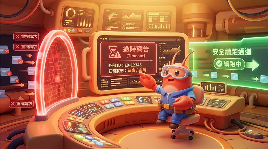 Q版小龍蝦工程師比對排程狀態節點與安全恢復路徑圖
