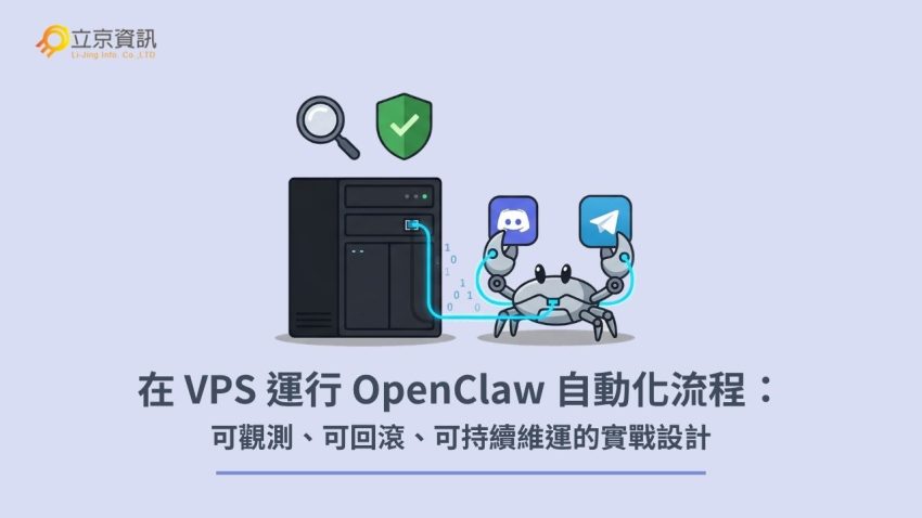 OpenClaw 在 VPS 運行自動化流程的 2D 向量插畫，展示可觀測性與維運重要性。