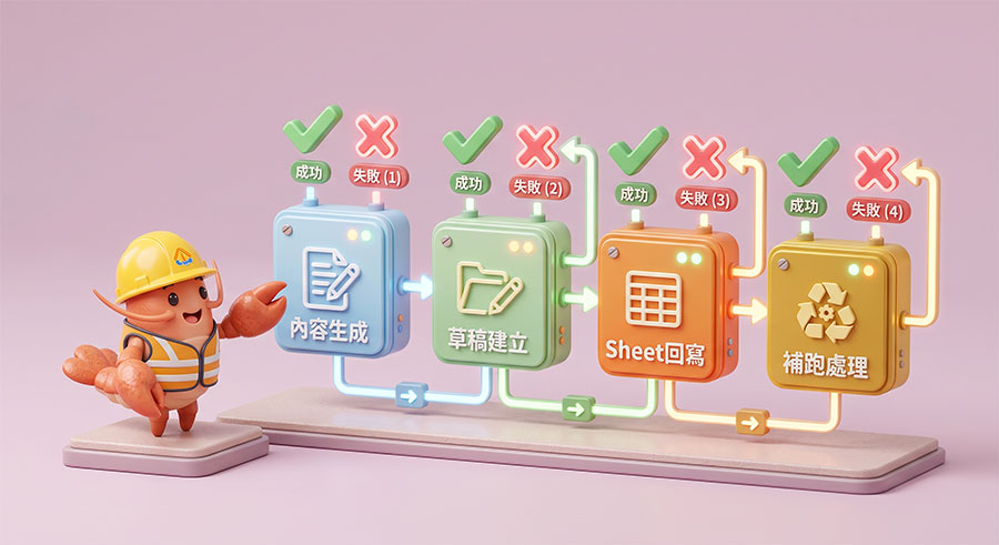OpenClaw 自動化流程圖，標示內容生成、草稿建立、Sheet 回寫與補跑處理的成功與失敗回收點