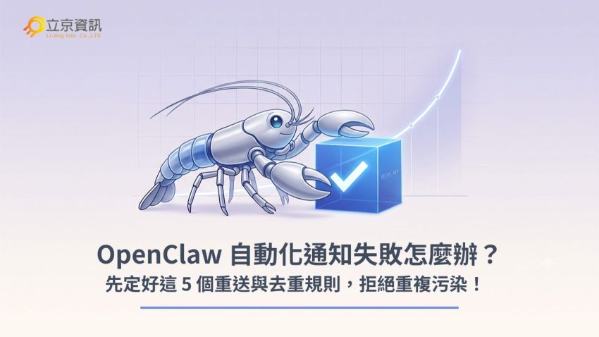 OpenClaw 龍蝦自動化流程失敗處理策略，包含重送與去重規則的主視覺插畫